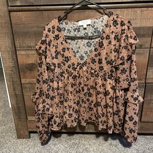 NWOT women’s tan blouse with black flowers